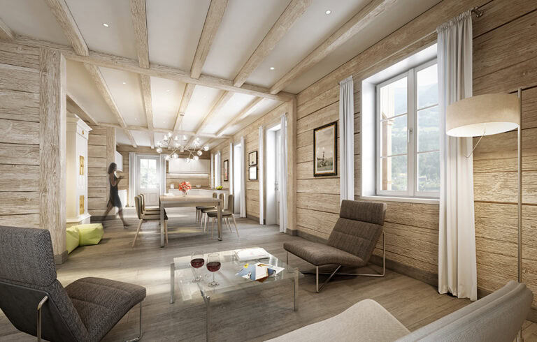 Abgedunkeltes Wohnraum in hellem Holzstil mit moderner Einrichtung, große Fenster mit weißen Vorhängen, gemütliche Sitzgelegenheiten, elegante Beleuchtung, stilvolles Interieur, ideal für Café- und Gastronomie-Designs.