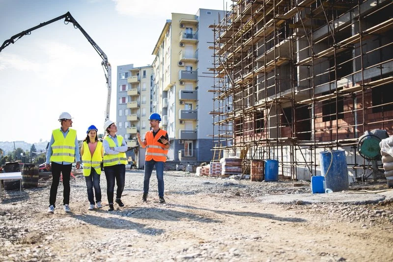 Ausführung & Koordination Baustellenbesprechung auf einer Baugrube vor Mehrfamilienhäusern, Bauarbeiter mit Helmen und reflektierenden Westen, Baustelle mit Gerüsten und Baumaschinen, modernes Bauprojekt, Immobilienentwicklung, Baufortschritt.