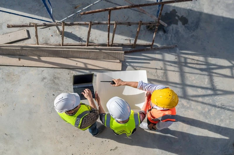 Baukoordination auf der Baustelle Bauarbeiter auf einer Baustelle bei der Planung und Koordination eines Bauprojekts, mit Schutzhelmen und Sicherheitsweste.