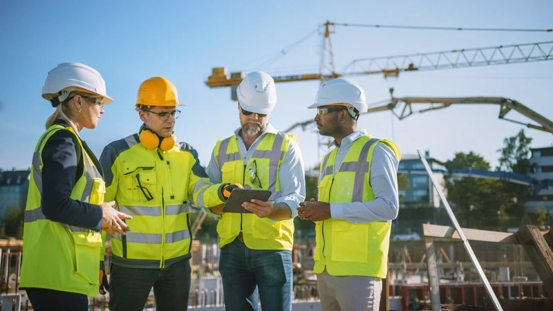 Projektleitung – Koordination Bauleiter-Team bei einer Baustellenbesprechung auf einer Baustelle mit Kran im Hintergrund, modernem Hochhaus im Bau, wichtige Koordination und Planung im Bauwesen.