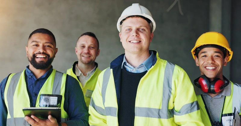Schnittstelle Bauherr & Firmen Bauarbeiter in Sicherheitskleidung auf der Baustelle, Symbol für Bauprojekte, Teamarbeit und Bauqualität.