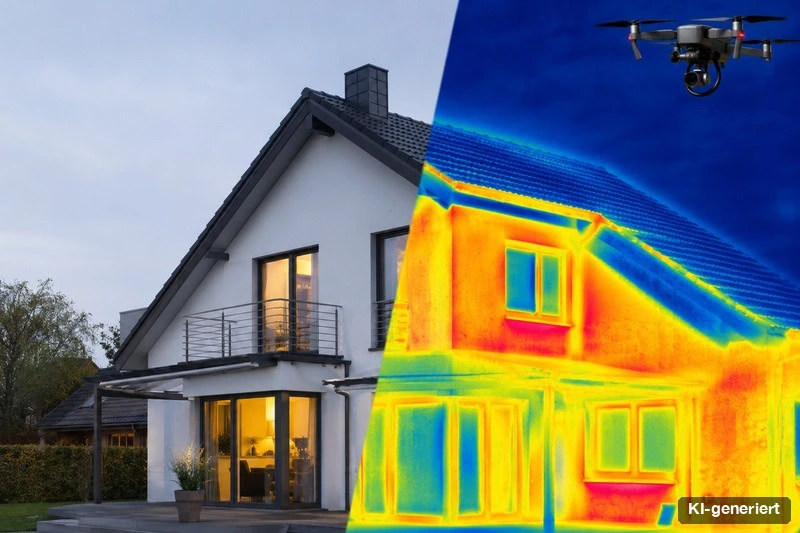 Thermografie-Luftbild eines Wohnhauses – Vorher/Nachher-Vergleich (KI-generiert) Vergleich von Normalfoto und Wärmebild eines Wohnhauses per Drohnenthermografie, symbolisch dargestellt (KI-generiert)